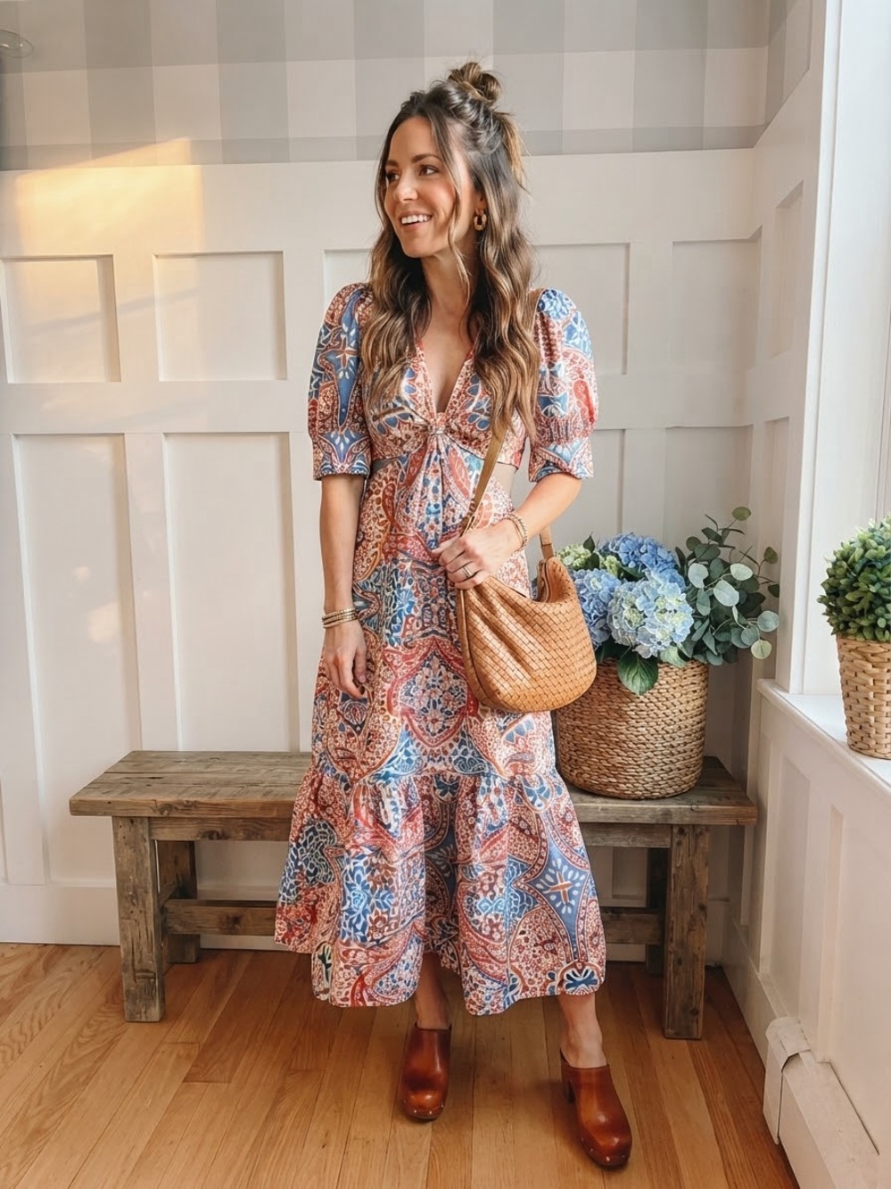 XiRENA Cotton Coral & Blue Paisley Tie-Front Maxi Dress XS